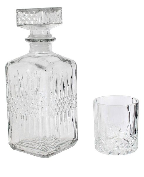 Whisky-s tároló üveg, 4 db pohárral, átlátszó - PUB
