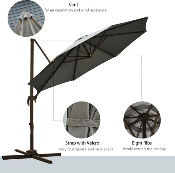 Outsunny Kerti Napernyő Karos Mechanizmussal, Állítható Dőlésszöggel, Ø2,95x2,5 m, Szürke