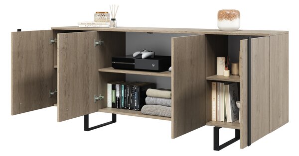 Verica komód 200 cm négyajtós - biszkvit tölgy / fekete lábak