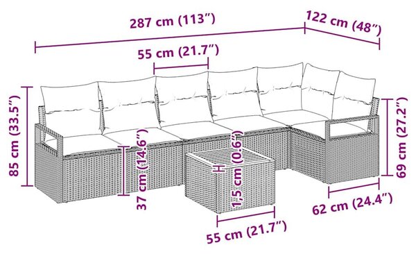 VidaXL Kerti Kanapé Szett párnával 7 pcs Fekete polirattan