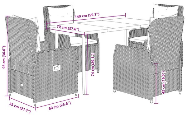 VidaXL 5 részes fekete polyrattan kerti étkezőgarnitúra párnákkal