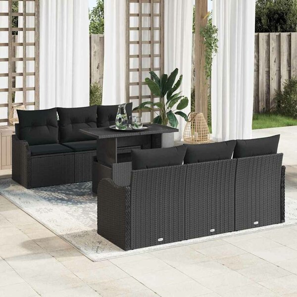 VidaXL Kerti Kanapé Szett párnával tárolóval 7 pcs Fekete Poly Rattan