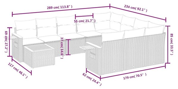 VidaXL 11 részes fekete polyrattan kerti ülőgarnitúra párnákkal