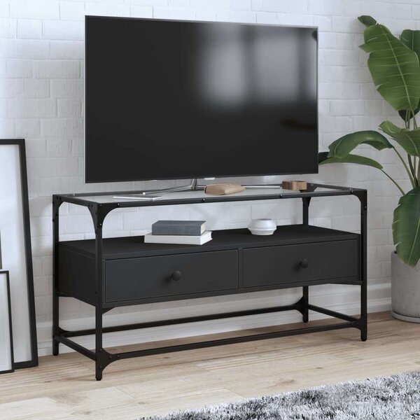 VidaXL fekete szerelt fa TV-szekrény üveglappal 98 x 35 x 51 cm