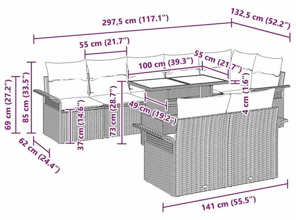 VidaXL Kerti Kanapé Szett párnával tárolóval 9 pcs Fekete Poli rattan