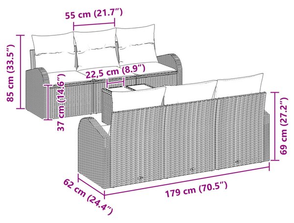 7 részes kerti sofa szett párnákkal, szürke polirattan