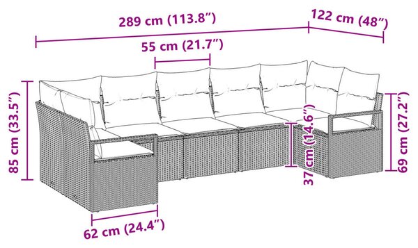 7 részes kerti kanapé szett párnákkal világosszürke poli rattan