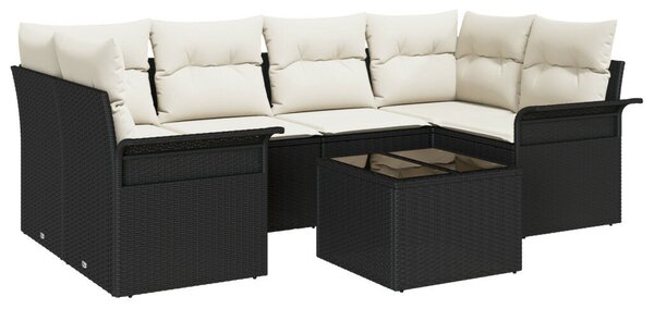 7 Darabos Kert Sofa Szett Párnákkal Fekete Poli Rattan