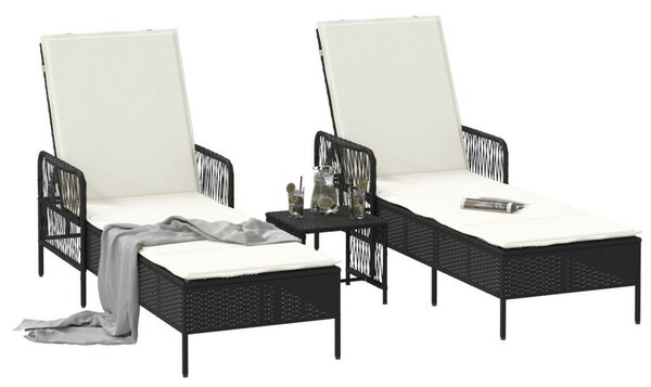 VidaXL Napozóágy Szett 3 darabos szett, PE rattan, fém, Fekete és krém