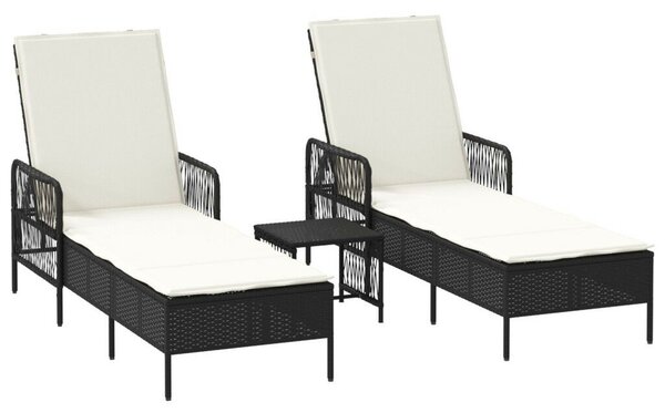 VidaXL Napozóágy Szett 3 darabos szett, PE rattan, fém, Fekete és krém