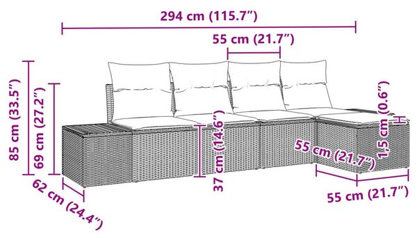 5 darabos kert kanapé szett párnákkal világosszürke poli rattan