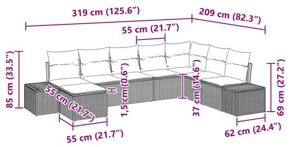 8 részes kerti kanapé szett párnákkal, fekete poli rattan