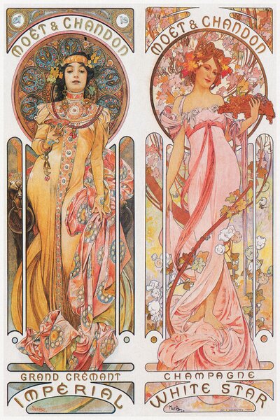 Festmény reprodukció Moët & Chandon Champagne (Beautiful Pair of Art Nouveau Lady, Advertisement) - Alfons / Alphonse Mucha, (26.7 x 40 cm)