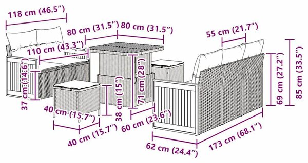 8 részes kerti kanapé szett párnákkal, szürke poli rattan akácia
