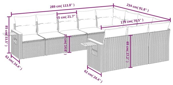 VidaXL 10 részes fekete polyrattan kerti ülőgarnitúra párnával