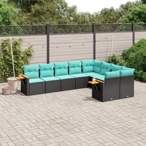 VidaXL 9 részes fekete polyrattan kerti ülőgarnitúra párnával
