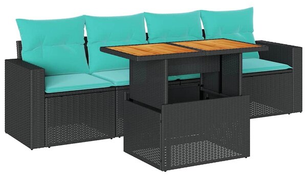 VidaXL 5 részes fekete polyrattan kerti kanapészett párnákkal