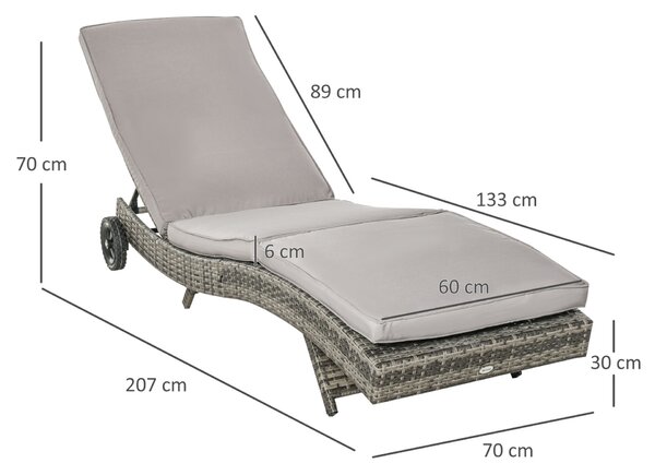 Outsunny PE Rattan kerti nyugágy, strand nyugágy állítható háttámlával és párnázott párnával, 207x70x70cm, szürke