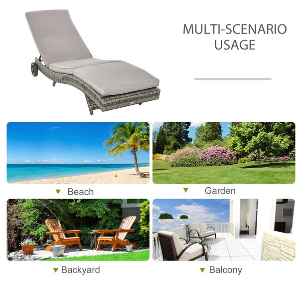 Outsunny PE Rattan kerti nyugágy, strand nyugágy állítható háttámlával és párnázott párnával, 207x70x70cm, szürke