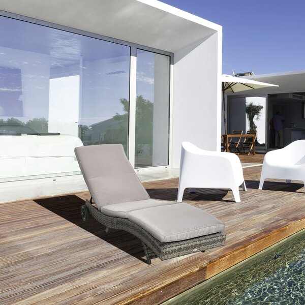Outsunny PE Rattan kerti nyugágy, strand nyugágy állítható háttámlával és párnázott párnával, 207x70x70cm, szürke