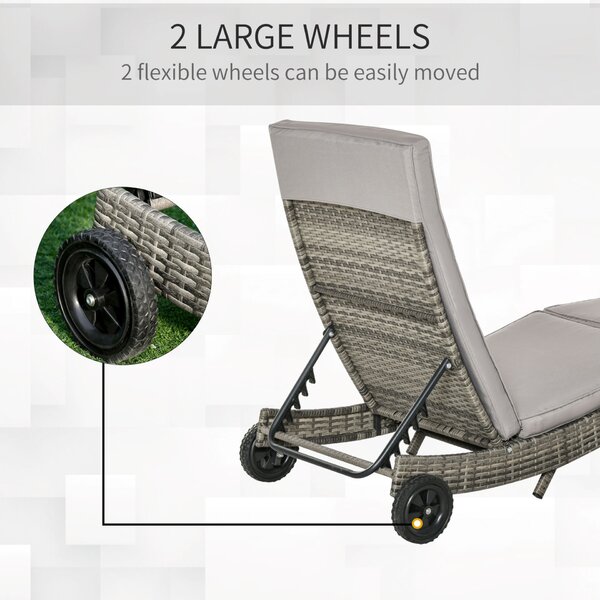 Outsunny PE Rattan kerti nyugágy, strand nyugágy állítható háttámlával és párnázott párnával, 207x70x70cm, szürke