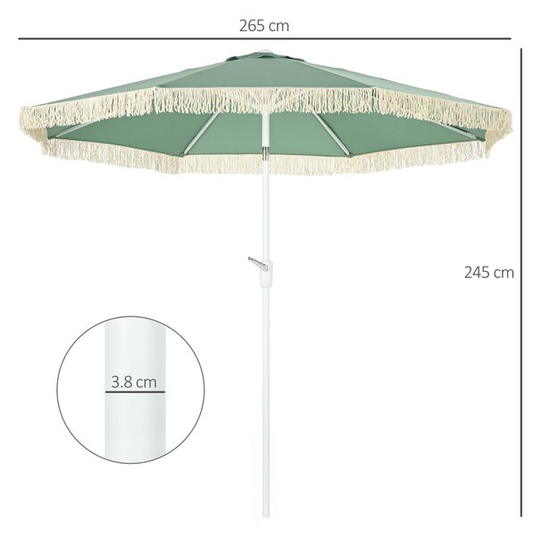 Outsunny Kerti Napernyő Rojtokkal, Tekerővel és 2 Részes Nyéllel, Ø2,65x2,45 m, Zöld