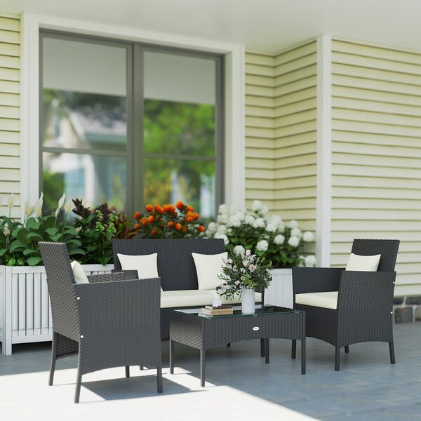 Outsunny 4 darabos rattan kerti szett 2 székkel, kerti fotellel és alacsony dohányzóasztallal, fekete és krémszínű