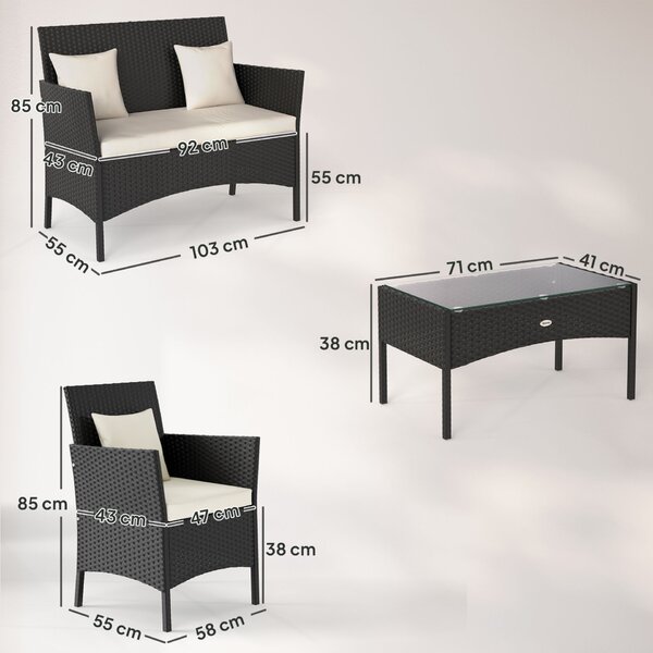 Outsunny 4 darabos rattan kerti szett 2 székkel, kerti fotellel és alacsony dohányzóasztallal, fekete és krémszínű