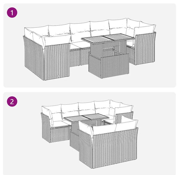 VidaXL 8 részes fekete polyrattan kerti ülőgarnitúra párnákkal