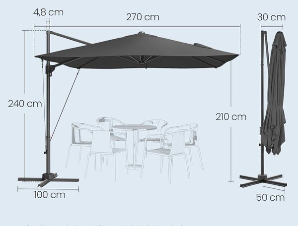 270x270 cm-es, UPF 50+, 360°-os forgatású, állítható dőlésszögű, szürke, lengőkaros kerti napernyő