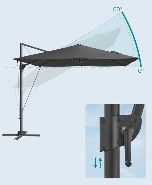 270x270 cm-es, UPF 50+, 360°-os forgatású, állítható dőlésszögű, szürke, lengőkaros kerti napernyő