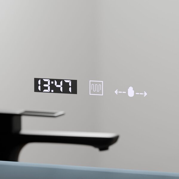 Téglalap alakú LED tükör, 80x60cm, Zampa MotionGlow Marcello szenzor, páramentesítő rendszer, óra és hőmérő, fényerő-szabályozható