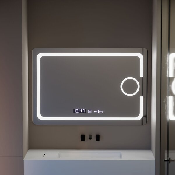 Téglalap alakú LED tükör, 110x75cm, Eclat MotionGlow Marcello, páramentesítő rendszer, óra és hőmérő, kozmetikai nagyító, fényerő-szabályozható