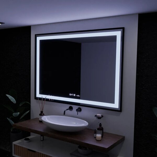 Téglalap alakú LED tükör, 100x65cm, Verite Majeste Noir Motion Glow Marcello, Páramentesítő rendszer, Óra és Hőmérő, Szabályozható Fényerő