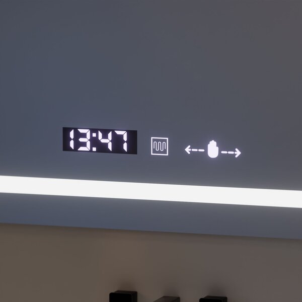 Téglalap alakú LED tükör, 110x75cm, Eclat MotionGlow Marcello, páramentesítő rendszer, óra és hőmérő, kozmetikai nagyító, fényerő-szabályozható
