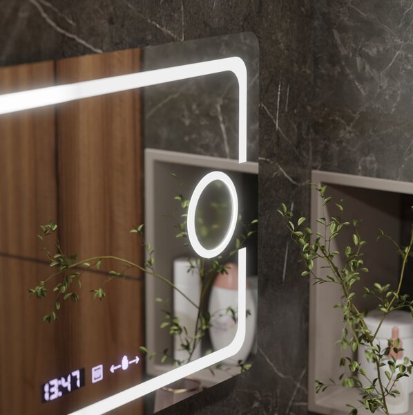 Téglalap alakú LED tükör, 110x75cm, Eclat MotionGlow Marcello, páramentesítő rendszer, óra és hőmérő, kozmetikai nagyító, fényerő-szabályozható