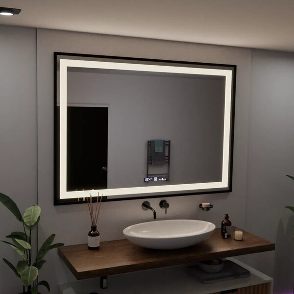 Téglalap alakú LED tükör, 100x65cm, Verite Majeste Noir Motion Glow Marcello, Páramentesítő rendszer, Óra és Hőmérő, Szabályozható Fényerő