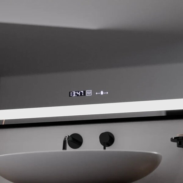 Téglalap alakú LED tükör, 100x65cm, Verite Majeste Noir Motion Glow Marcello, Páramentesítő rendszer, Óra és Hőmérő, Szabályozható Fényerő