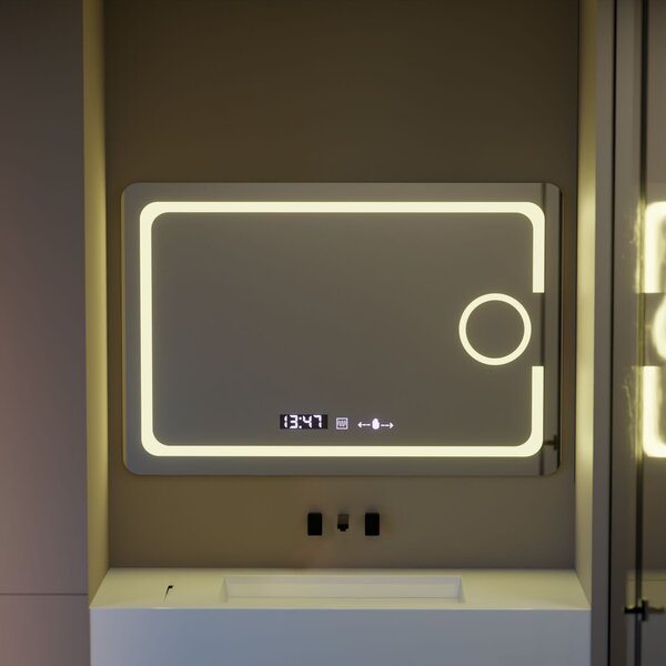 Téglalap alakú LED tükör, 110x75cm, Eclat MotionGlow Marcello, páramentesítő rendszer, óra és hőmérő, kozmetikai nagyító, fényerő-szabályozható