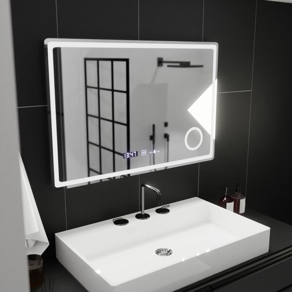 Téglalap alakú LED tükör, 90x60cm, Velúr MotionGlow Marcello, Páramentesítő rendszer, Óra és hőmérő, Kozmetikai nagyító, Szabályozható fényerő