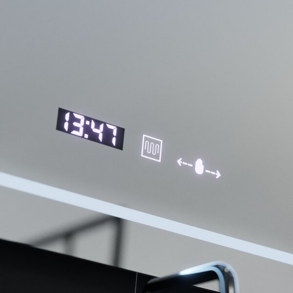 Téglalap alakú LED tükör, 80x60cm, Stile MotionGlow Marcello, páramentesítő rendszer, óra és hőmérő, kozmetikai nagyító, fényerő-szabályozható