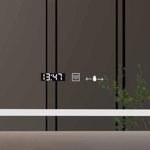Téglalap alakú LED tükör, 100x60cm, Definition MotionGlow Marcello, Páramentesítő rendszer, Óra és hőmérő, Kozmetikai nagyító, Szabályozható fényerő