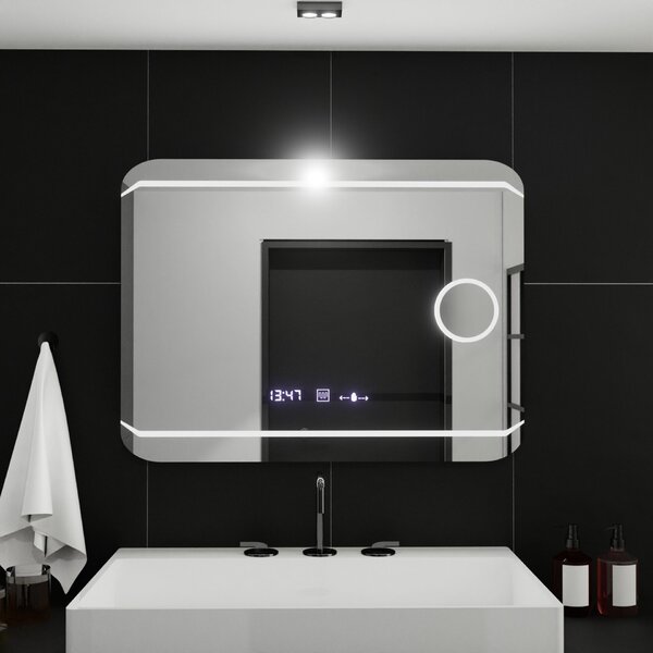 Téglalap alakú LED tükör, 80x60cm, Stile MotionGlow Marcello, páramentesítő rendszer, óra és hőmérő, kozmetikai nagyító, fényerő-szabályozható