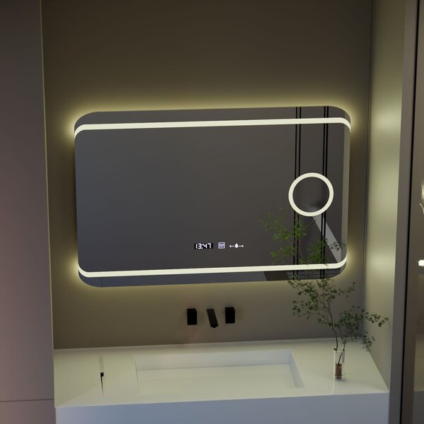 Téglalap alakú LED tükör, 100x60cm, Definition MotionGlow Marcello, Páramentesítő rendszer, Óra és hőmérő, Kozmetikai nagyító, Szabályozható fényerő