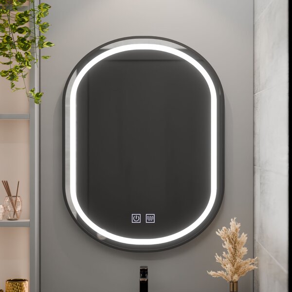 Ovális LED tükör 50x80cm VETRO Touch fényerő-szabályozható páramentesítő rendszerrel, fekete kerettel