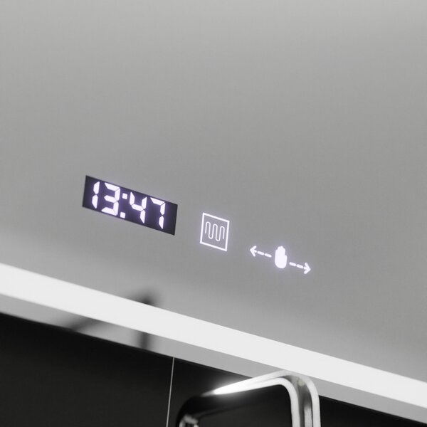 Téglalap alakú LED tükör, 90x60cm, Velúr MotionGlow Marcello, Páramentesítő rendszer, Óra és hőmérő, Kozmetikai nagyító, Szabályozható fényerő