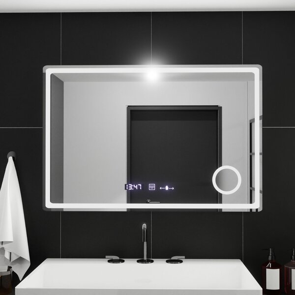 Téglalap alakú LED tükör, 90x60cm, Velúr MotionGlow Marcello, Páramentesítő rendszer, Óra és hőmérő, Kozmetikai nagyító, Szabályozható fényerő