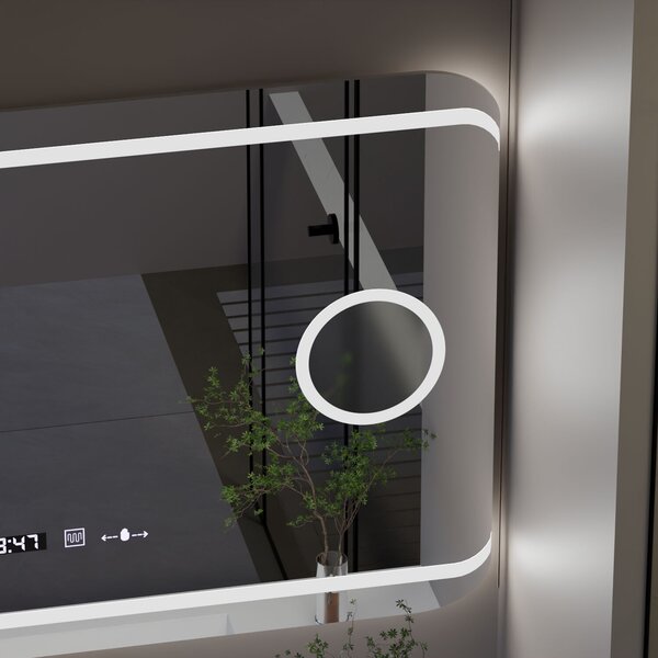 Téglalap alakú LED tükör, 100x60cm, Definition MotionGlow Marcello, Páramentesítő rendszer, Óra és hőmérő, Kozmetikai nagyító, Szabályozható fényerő