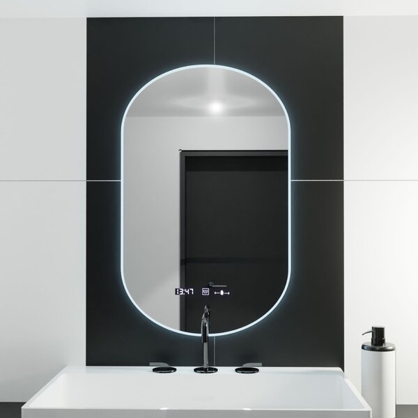 Ovális LED tükör, 50x100cm, Lucia Marcello szenzor, páramentesítő rendszer, óra és hőmérő, fényerő-szabályozható