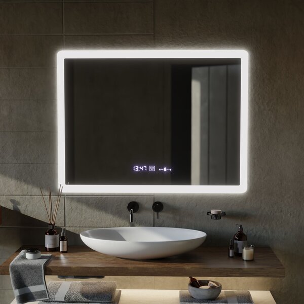 Téglalap alakú LED tükör, 80x60cm, Zampa MotionGlow Marcello szenzor, páramentesítő rendszer, óra és hőmérő, fényerő-szabályozható
